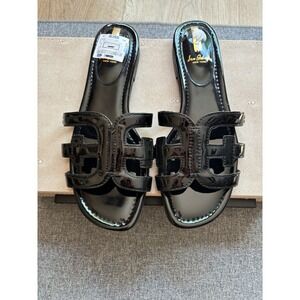 Sam Edelman Bay Black Patent Leather Slide Sandals Flat Cutout Logo Women 10